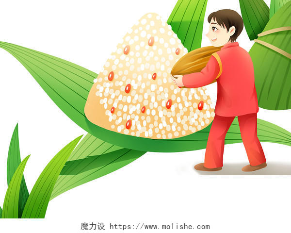 粽子叶绿色手绘卡通端午节人物粽子美食传统节日元素PNG素材